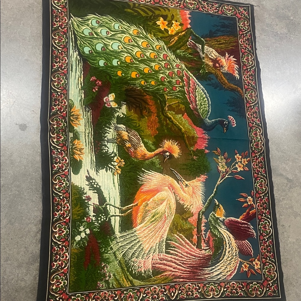 Vintage Turkish tapestries. Vibrant colors, peacock cockatoo Crain water scene.